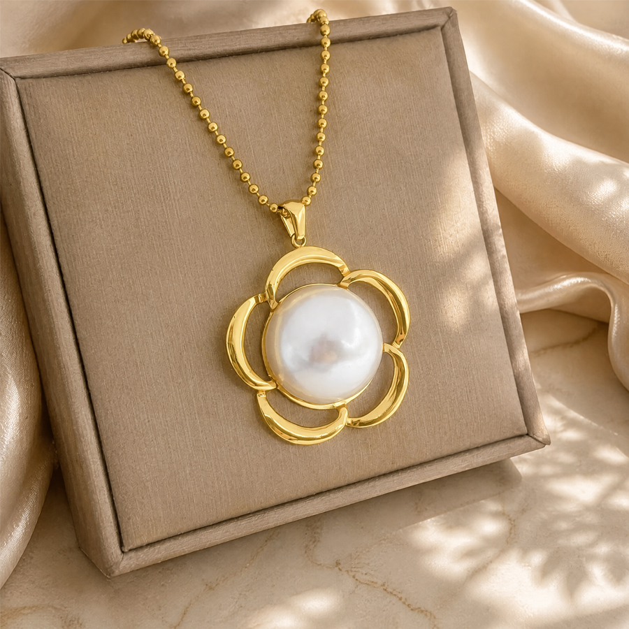 Colier cu pandantiv cu perle din oțel inoxidabil placat cu aur 18K pentru femei, colier cu lănțișor cu perle și imprimeu floral, colier elegant pentru