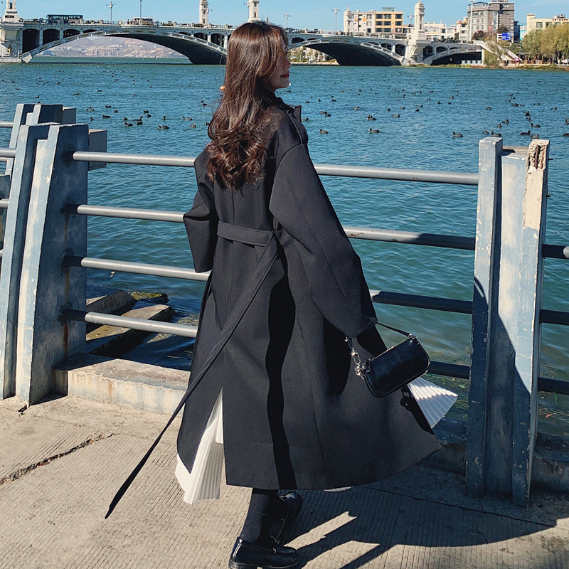 Black Windbreaker Women's Mid-length Loose Retro Temperament Popular Over-the-knee Coat