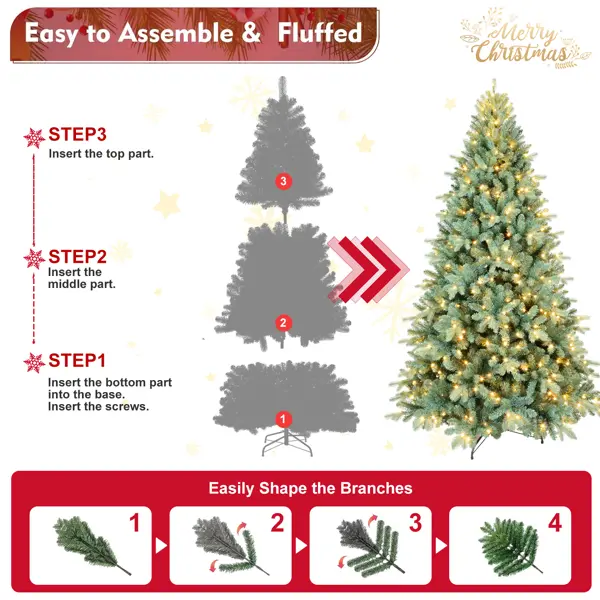 Artificial 7.5ft Blue Green Tint Christmas Tree With 2148 PE PVC Mixed Branch Tips, Memory Wire Iron Wire, Hinged Premium & Foldable Base For Indoor Holiday Dec