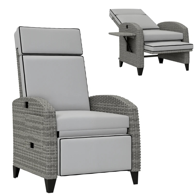 Outdoor Recliner Chair With Cushions, Reclining Patio Lounge Chair With Adjustable Footrest, Armrests, Tray Table, Gray