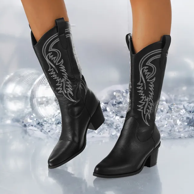 White Knight Boots Fashion Embroidered Pointed Toe Square Heel Mid calf Western Boots Women Autumn Winter Shoes Black - Shop at LoveMi