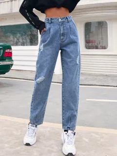 Jeans Show A New High Waist Thin Straight Loose - Blue - View 1