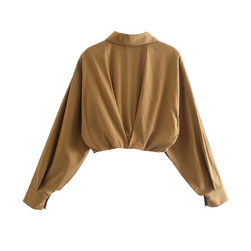 Solid Color Pleated Long-sleeved Shirt With Lapel