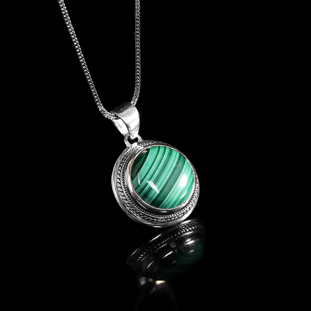 S925 Sterling Silver Simple Malachite Inlaid Pendant