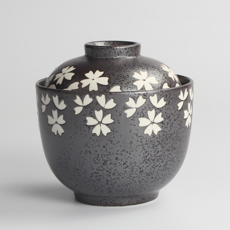 Japanese Ceramic Rice Bowl With Lid Preservation Cup Black Cherry Blossom - Shop at LoveMi
