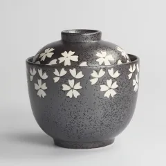 Japanese Ceramic Rice Bowl With Lid Preservation Cup - Black Cherry Blossom - View 1