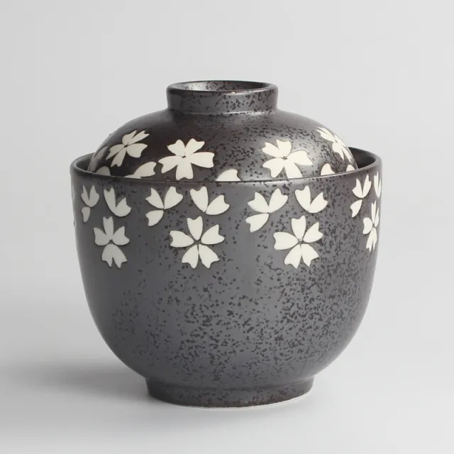 Japanese Ceramic Rice Bowl With Lid Preservation Cup Black Cherry Blossom - Shop at LoveMi