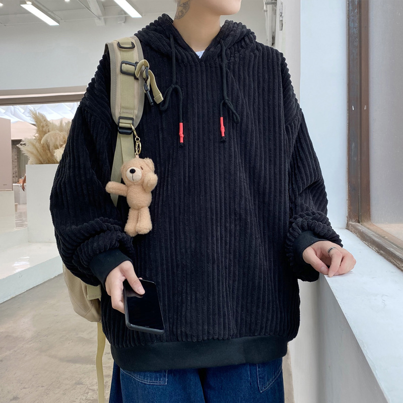 New Men's Solid Color Corduroy Plus Size Hooded Sweater