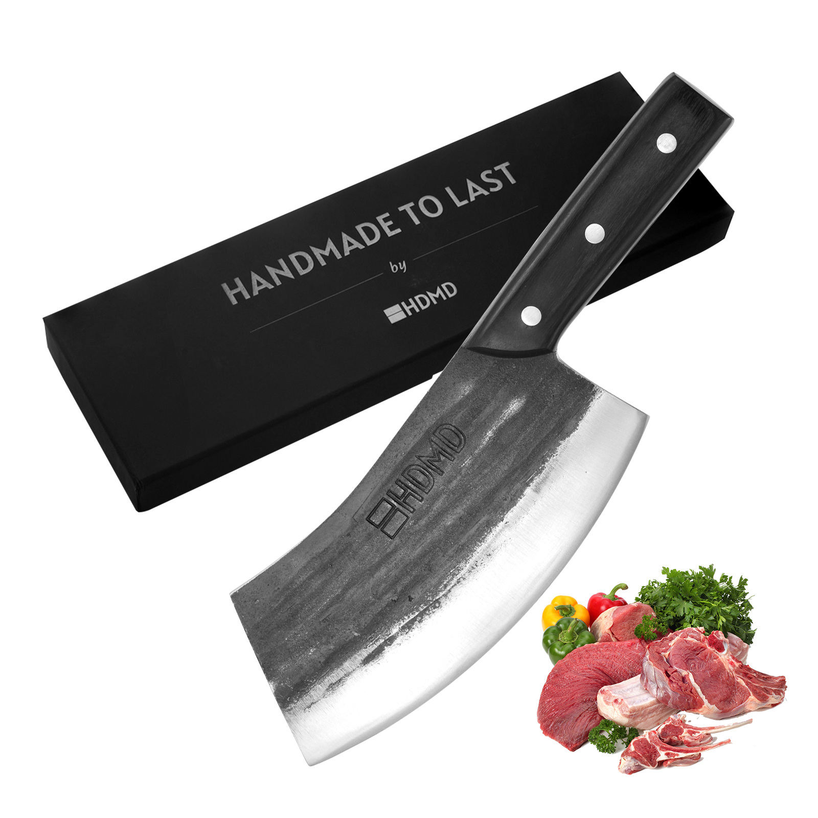 HDMD Meat Cleaver Knife - High Carbon Steel. High Quality Meat Cleaver This kitchen cleaver knife is real hand forged and made of high carbon steel, it's blade uses a V-shaped and fine processing blade, high hardness and wear resistant. Hand polished edge