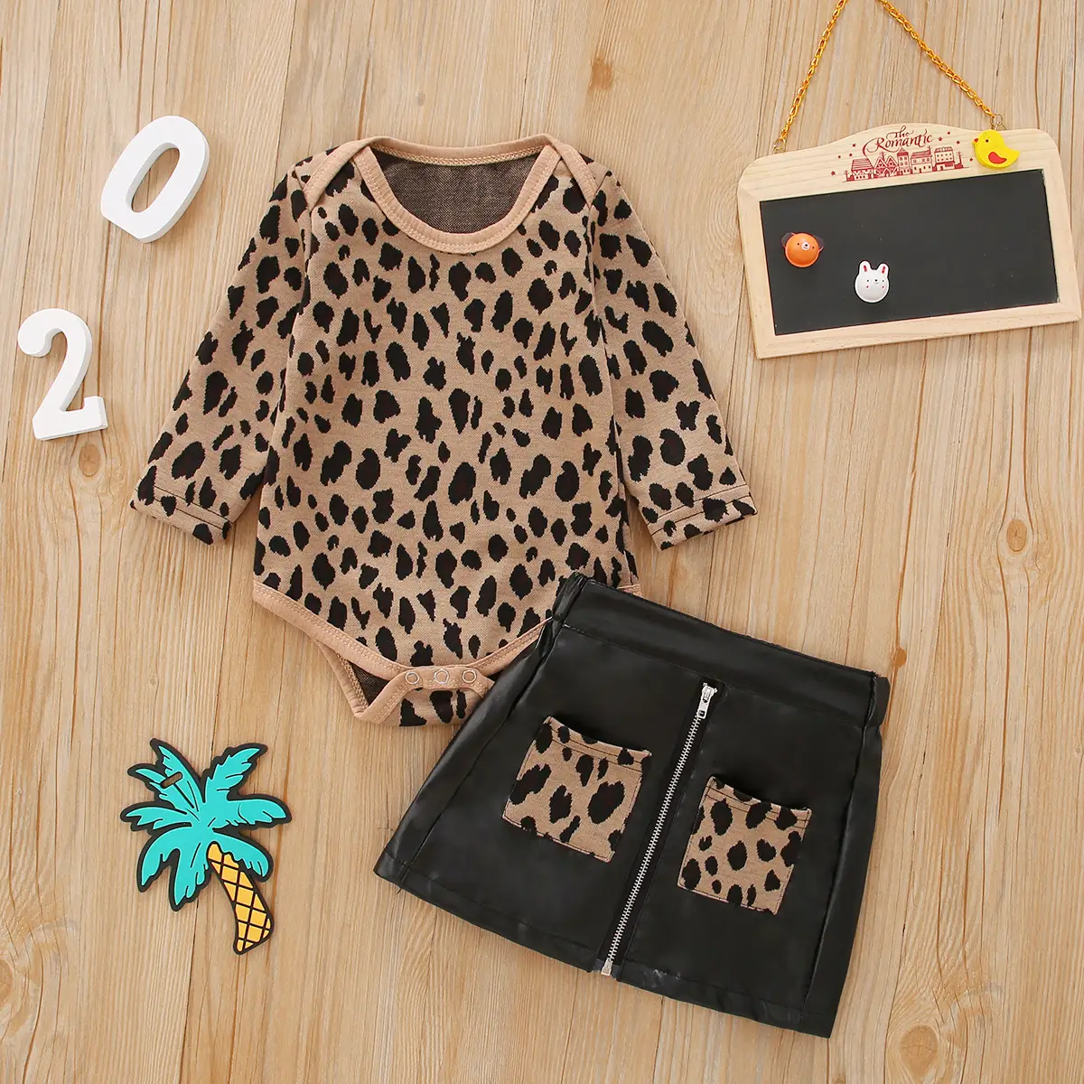 Yarn-dyed Leopard Print Cotton Romper Leather Skirt Zipper Clothes Two Pockets, Two-piece Set