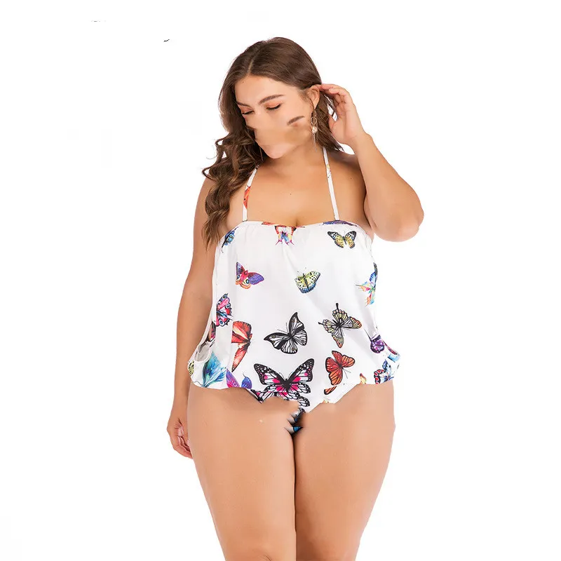 Plus size one-piece printed ladies sexy swimsuit - White