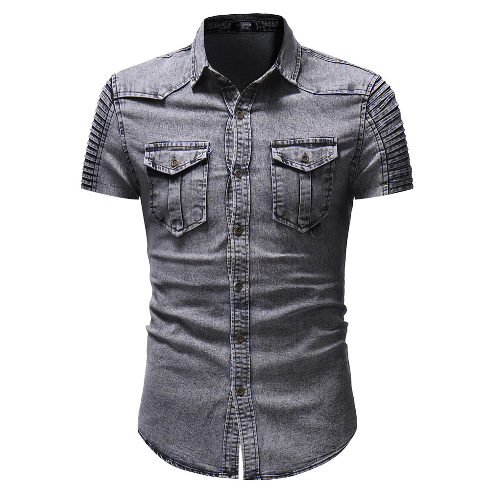 Personality Stitching Pleated Sleeve Denim Shirt