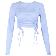 Round Neck Drawstring Lace Up Long Sleeve Bottomed T-shirt - Blue - View 1