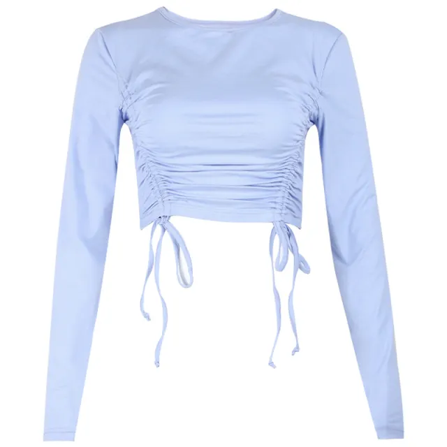 Round Neck Drawstring Lace Up Long Sleeve Bottomed T shirt Blue - Shop at LoveMi