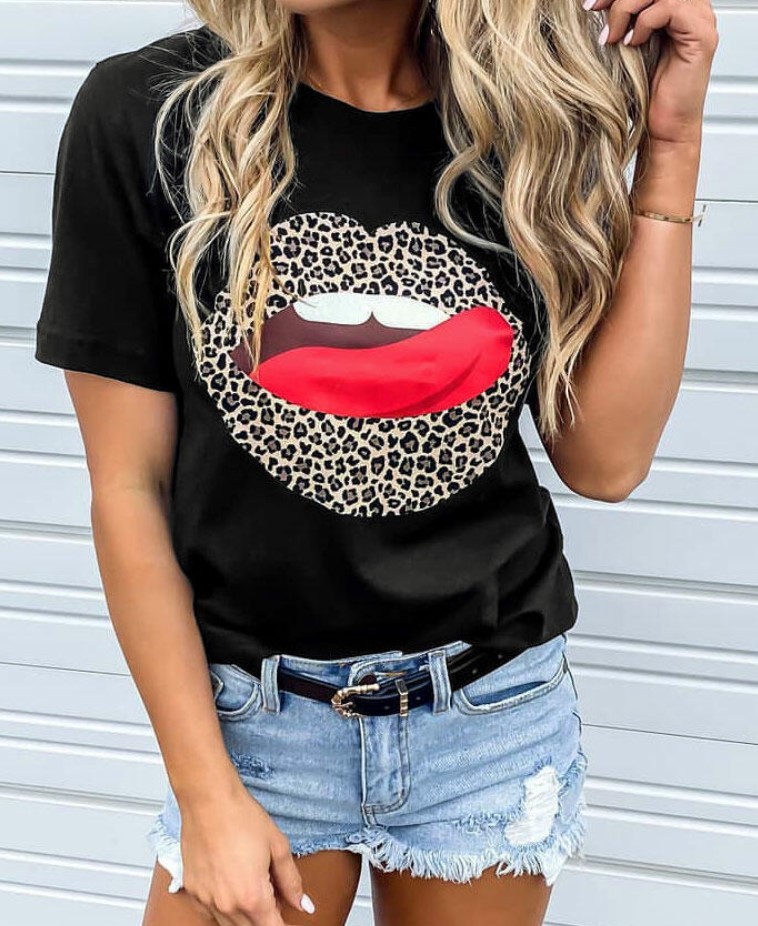 Title 3, Lips Leopard Print Round Neck Short-sleeved Tsh...