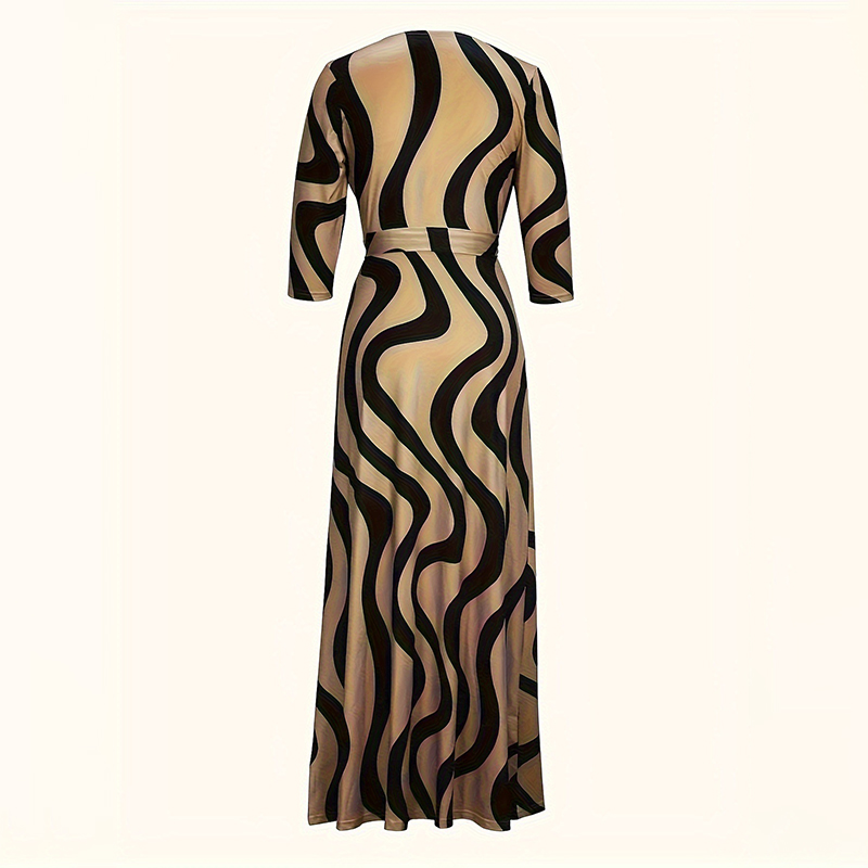 Women's Summer Geometric Print Maxi Dresses Casual 3 4 Sleeve V-Neck Tie Waist Long Dress - Image 2