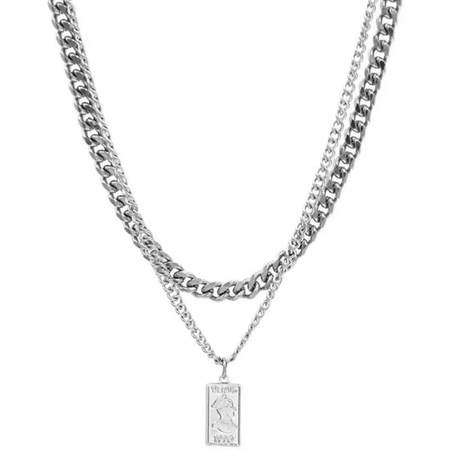 1pcs Double Layer Cuban Chain Vintage Portrait Square Tag Necklace, Minimalist Ins Hip Hop Style, For Men Women Daily Street Wear & Couple Holiday Gifts