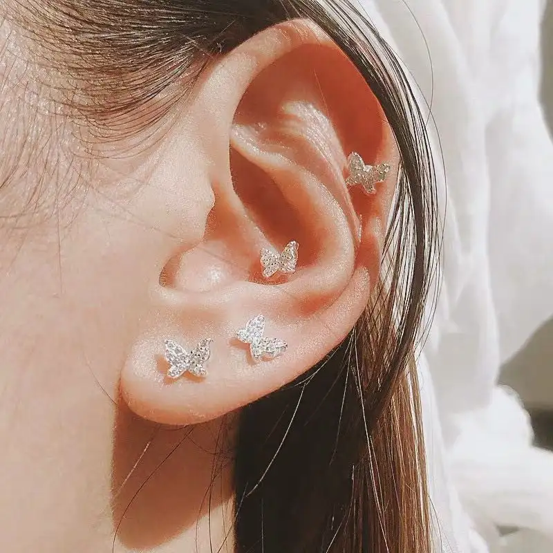 Women's Sterling Silver Needle Zirconium Diamond Small Butterfly Ear Studs