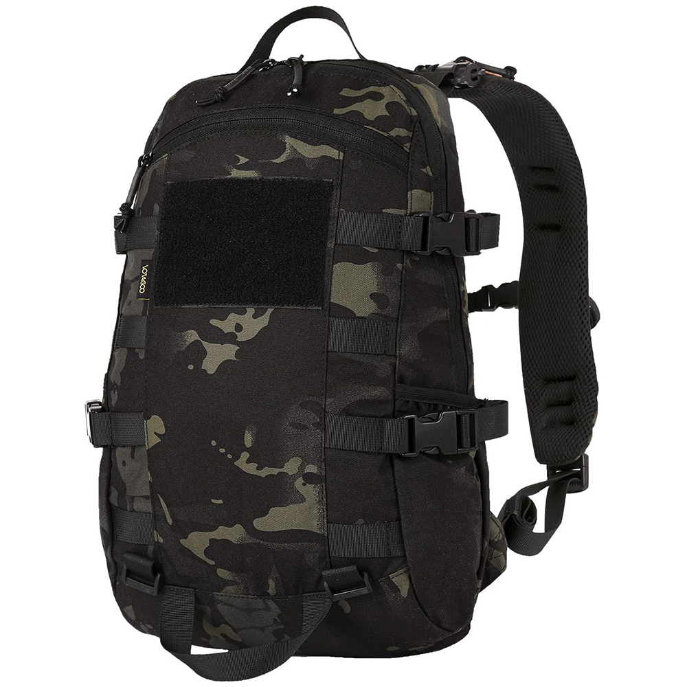 Tactical military hiking backpack pack made from high-strength, water-repellant 500D nylon. Features external front and side web molle, adjustable and detachable shoulder strap, and 20L capacity with multiple compartments. Ideal for outdoor activities suc