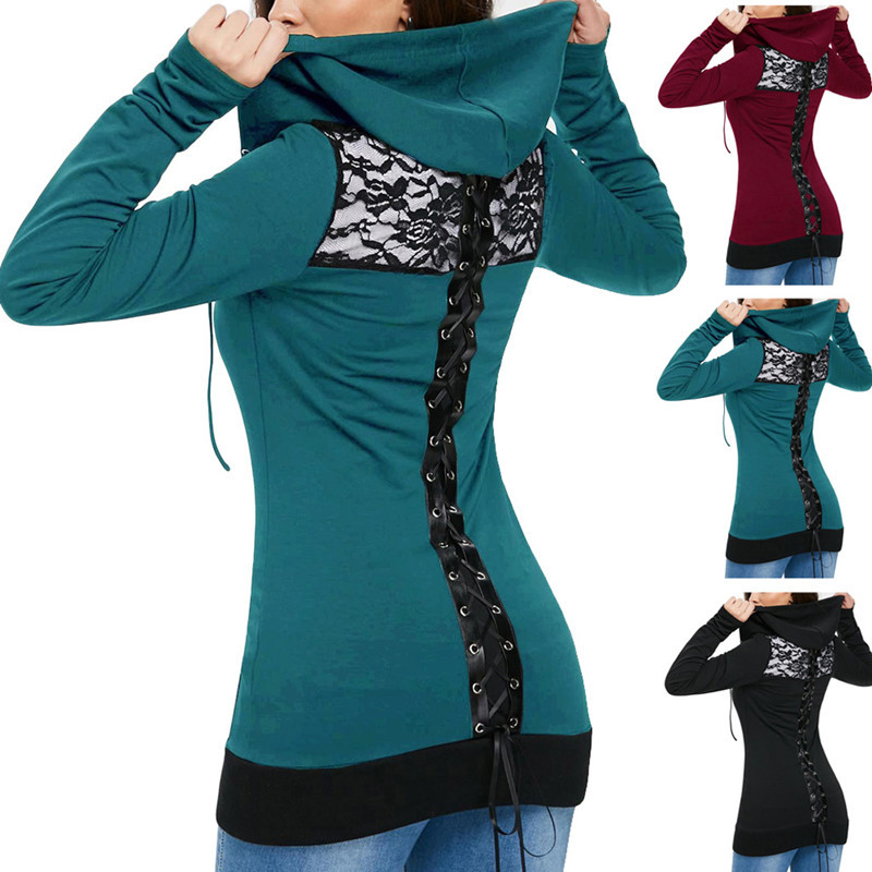 Ladies Lace Stitching Hooded Tie Long Sleeve Coat Top