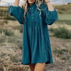 Women's Corduroy Empire Waist Dress, Button Up 3 4 Sleeve Mini Dress For Fall Winter - Blue - View 1