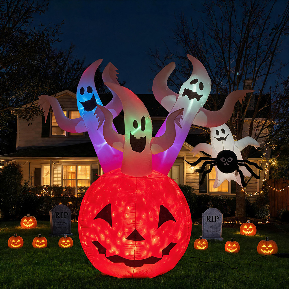 6 FT Inflatable Ghost Pumpkin With Colorful Lights And 2 Wind Ropes For Halloween