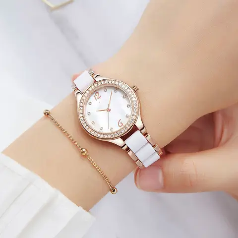 Women's Fashion Simple Waterproof Ceramic Watch with Diamonds