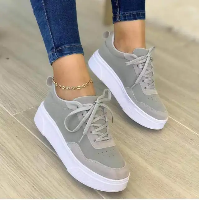 Lace up Shoes Women Flats Thick Bottom Fashion Mesh Sneakers Grey - Shop at LoveMi