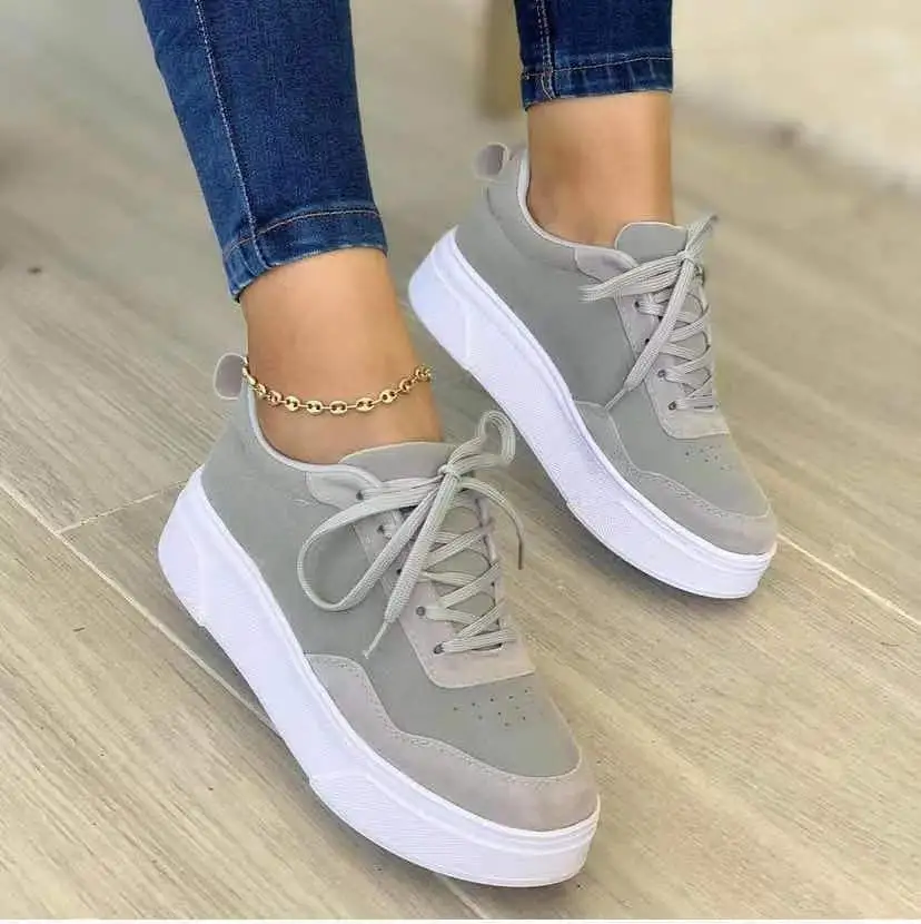 Lace-up Shoes Women Flats Thick Bottom Fashion Mesh Sneakers - Grey
