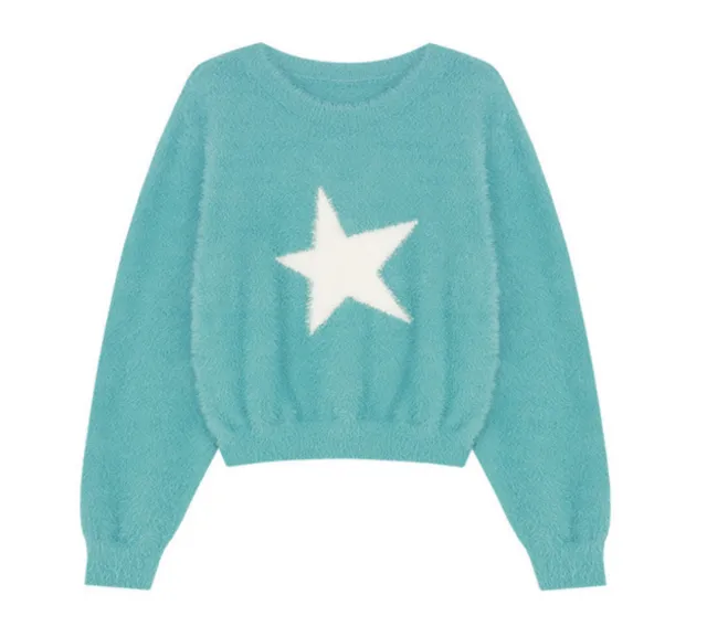 Personalized Plush Five star Knitting Loose Sweater Blue - Shop at LoveMi