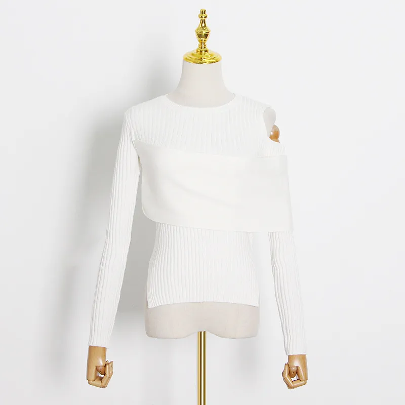 Crew Neck One Piece Wrap Sexy Off-shoulder Slim Solid Color Sweater - White