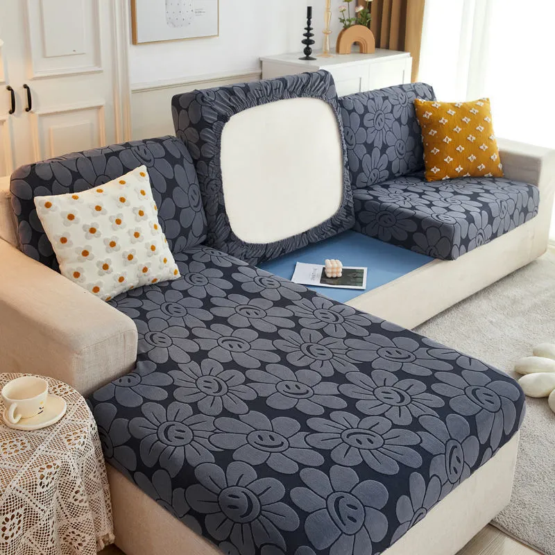Cross Border High Elastic Knitted Sofa Cushion Cover Three-dimensional Jacquard - Sunflower Dark Grey