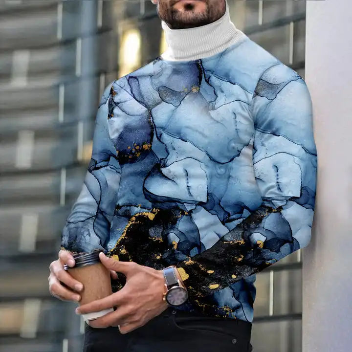Autumn Winter Men's Long Sleeve Turtleneck T Shirt Printed Casual Top