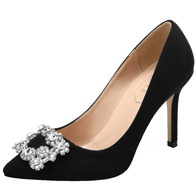 French Girl High Heels Stiletto Rhinestone Pointed Toe Black - Shop at LoveMi