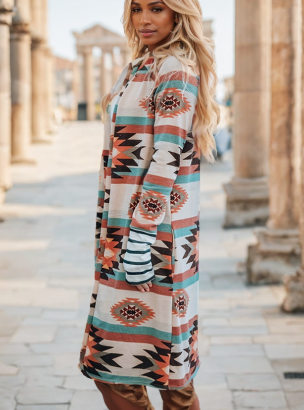 Women's Sweater - Multicolor Geometric Color Block Open Front Long Cardigan