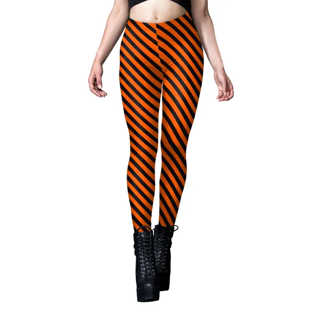 Halloween Pumpkin Head Digital Printing Stripe Tight Feet Women's Leggings B4161019 M - Shop at LoveMi