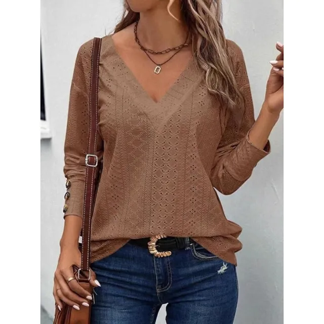 Womens Long Sleeve Eyelet Tops V Neck Fall Shirts Casual Loose Blouses Trendy Clothes Camel - Shop at LoveMi