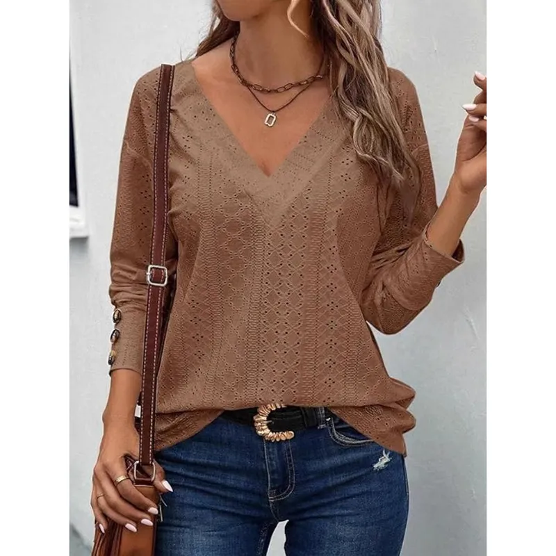 Womens Long Sleeve Eyelet Tops V Neck Fall Shirts Casual Loose Blouses Trendy Clothes - Camel