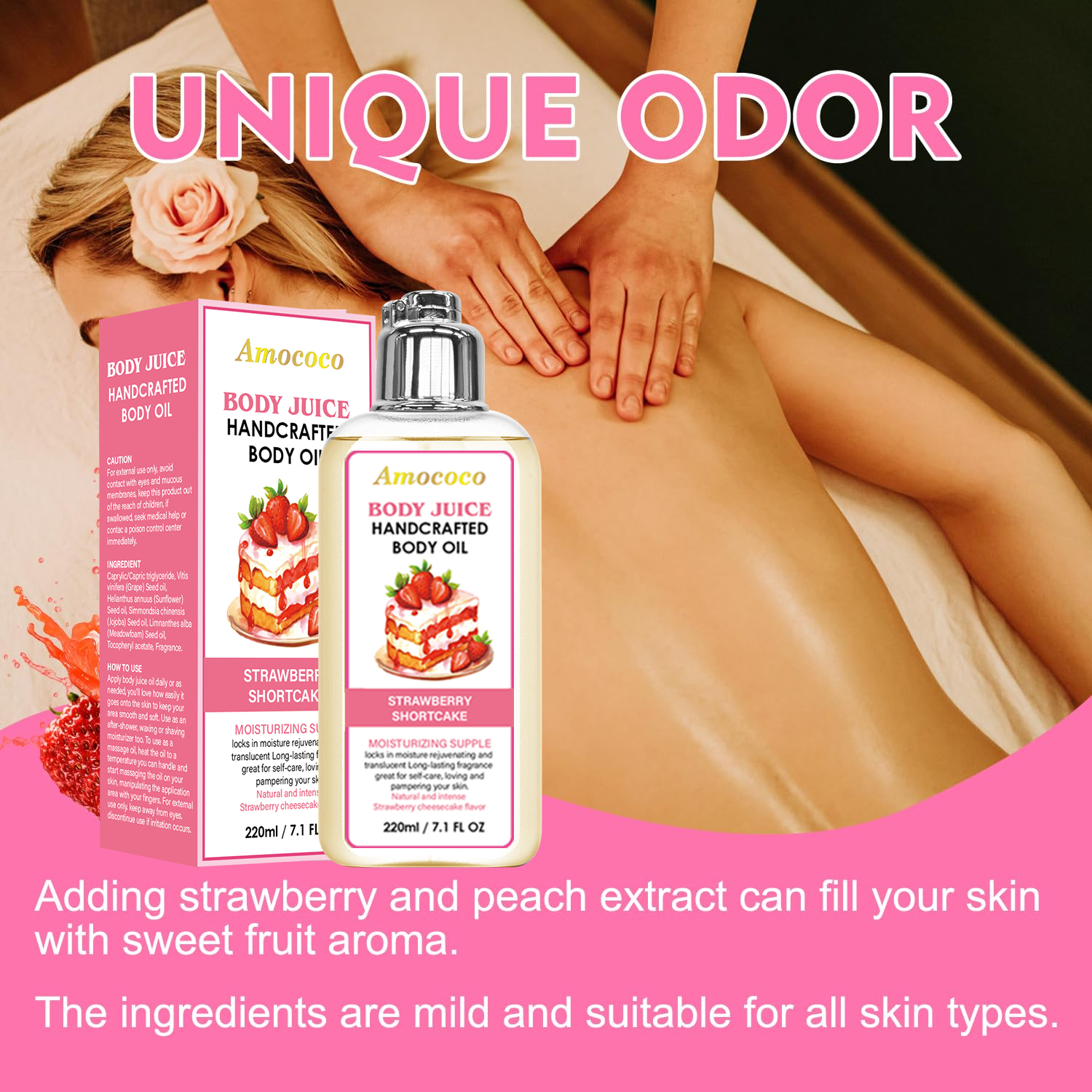 Only Supports Self Pickup With Waybill Amococo Strawberry Shortcake Body Juice Oil, 220ml Handcrafted Moisturizing Body Oil For Dry Skin, Long-Lasting Fragrance Body Massage Oil, Natural Plant-Based L