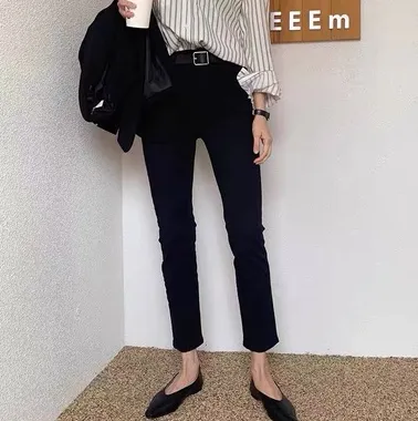 Korean Version Of The High waisted Thin Wild Loose Nine point Wide leg Cigarette Pants Black - Shop at LoveMi