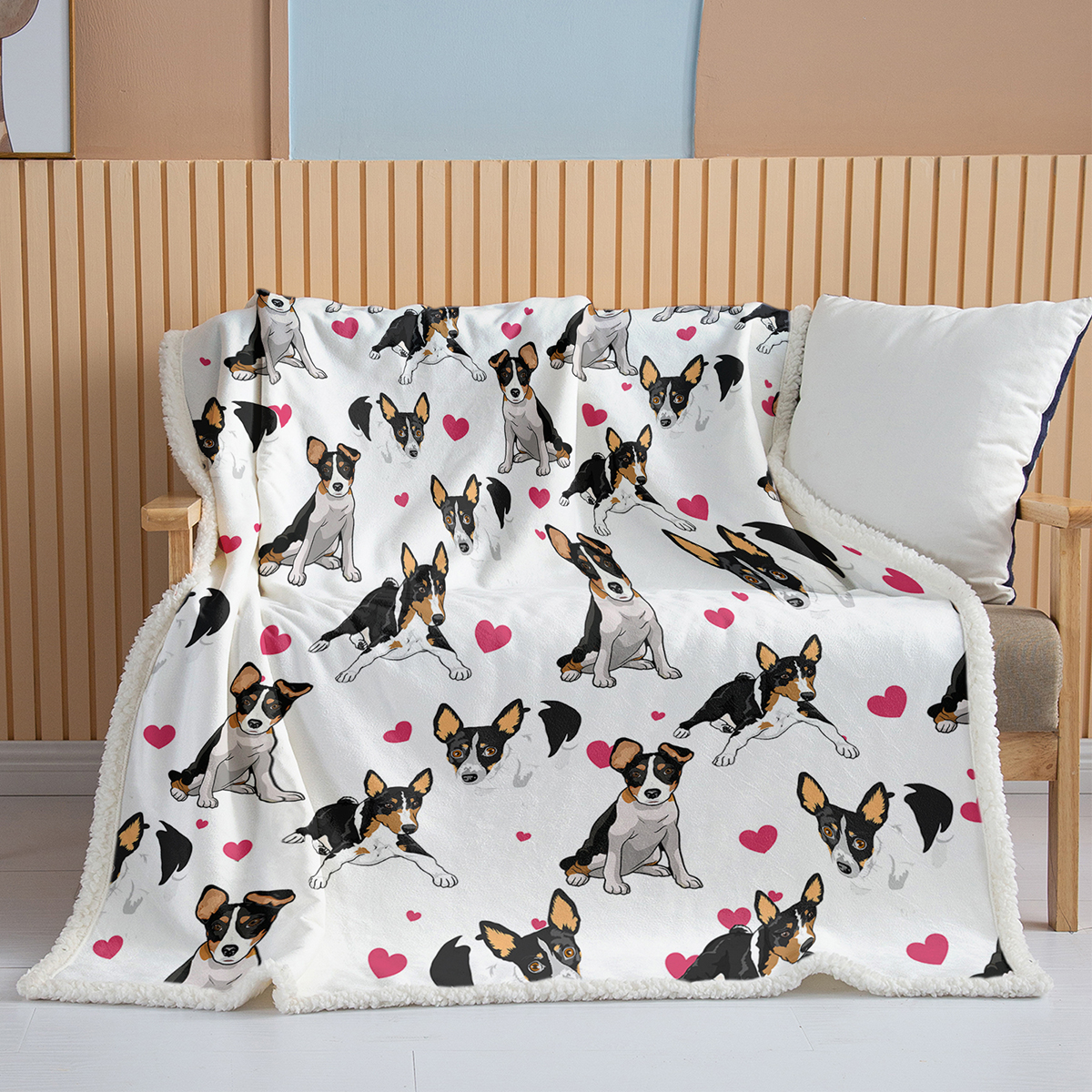 Rat Terrier Throw Blanket, Dog Lover Gift Blanket Reversible Plush Fluffy Red Heart Rescue Dog Sherpa Fleece Bedding For Kids Teens 2