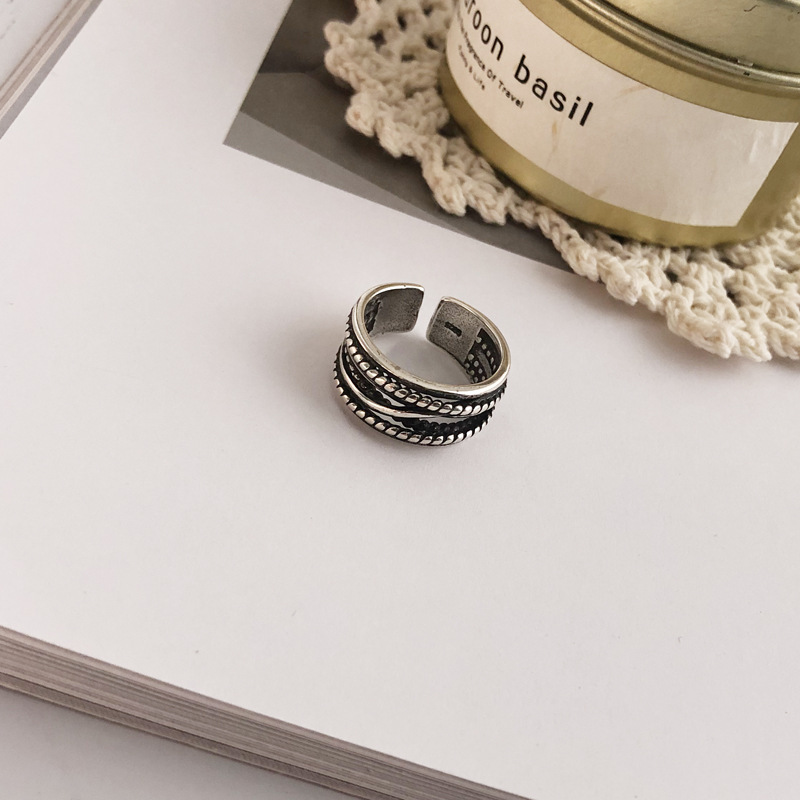 Korean Retro Personality Smiley Ring Female 925 Sterling Silver Simple Line Wild Student Ins Opening Index Finger Ring Tide