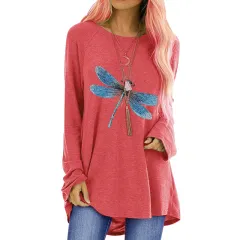 Loose Round Neck Long Sleeve T-shirt For Women - Carmine-2Xl - View 1