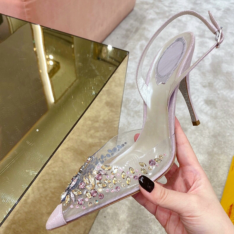 Transparent Rhinestone Pointed Toe Buckle Back Strap Sandals