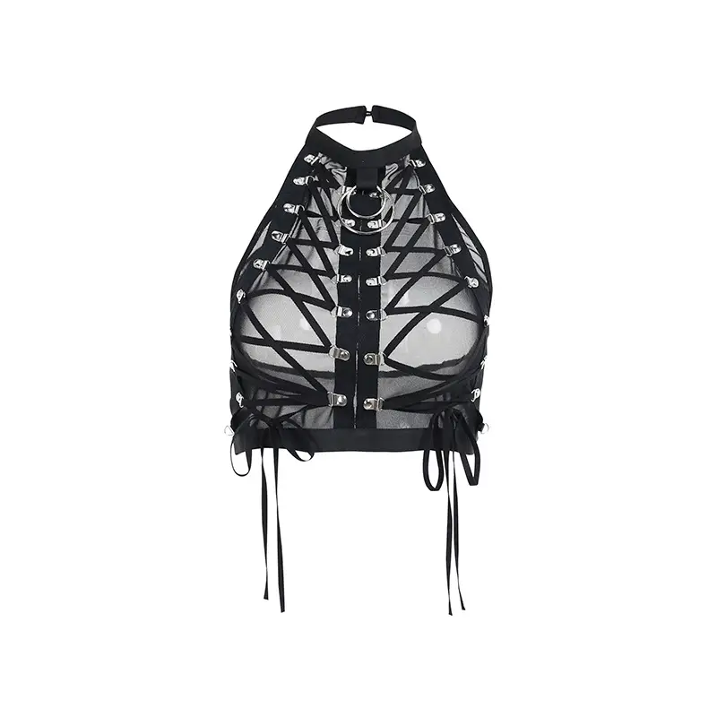 Women's Summer Dark Style New Bandage Mesh See-through Vest