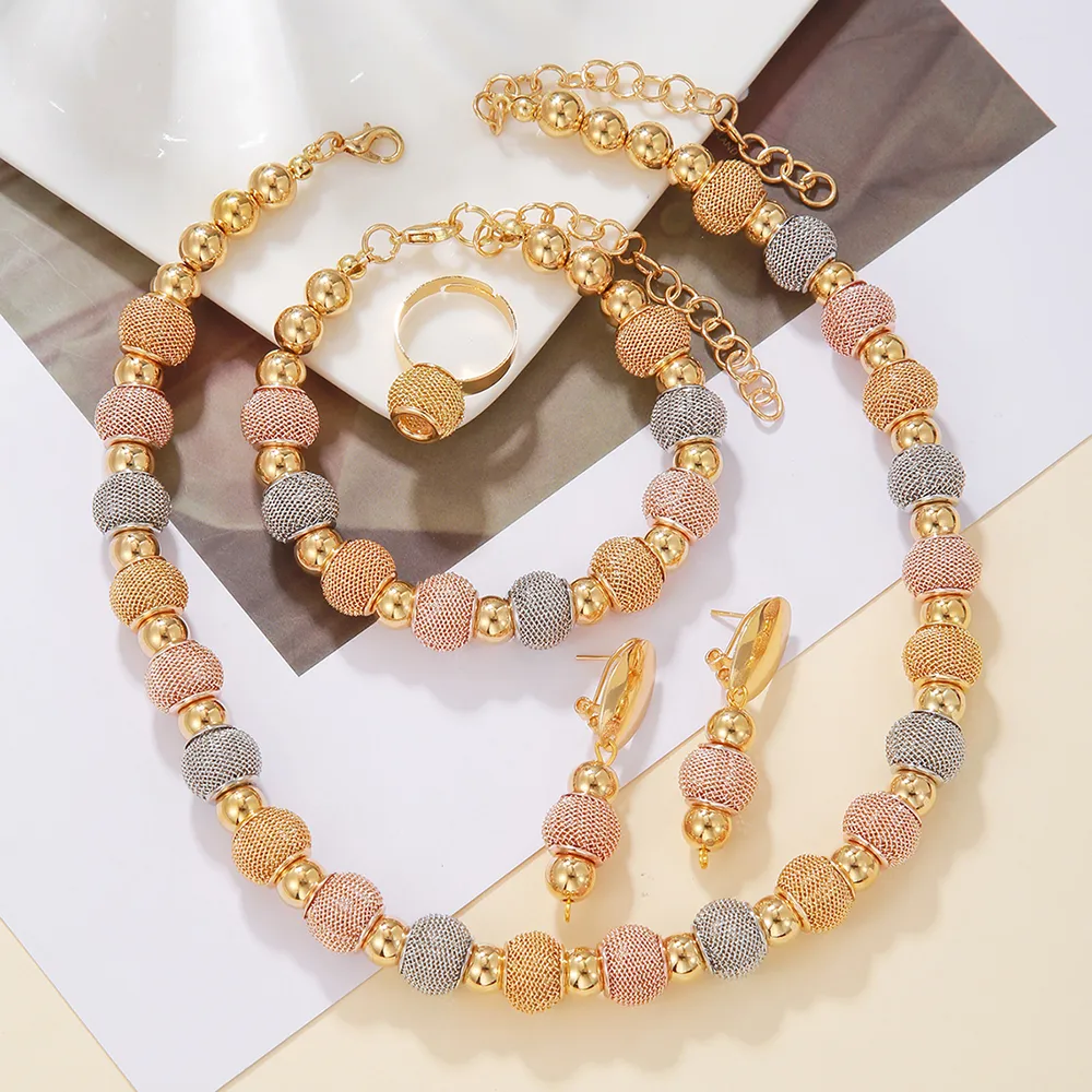 5Pcs Fashionable Metallic Beaded Necklaces Two Color Gold Bead