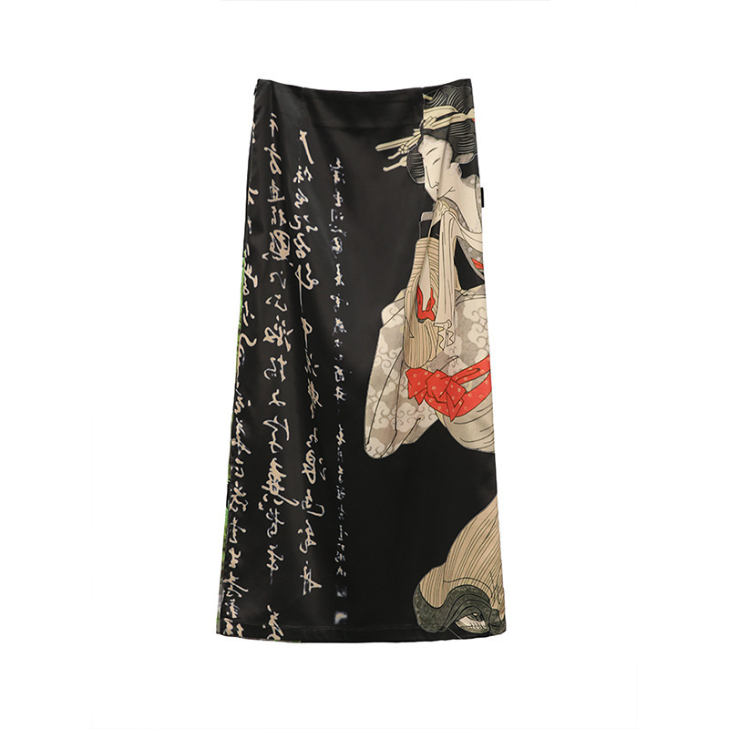 National Style Design Sense Satin Lady Print Half-body Dress