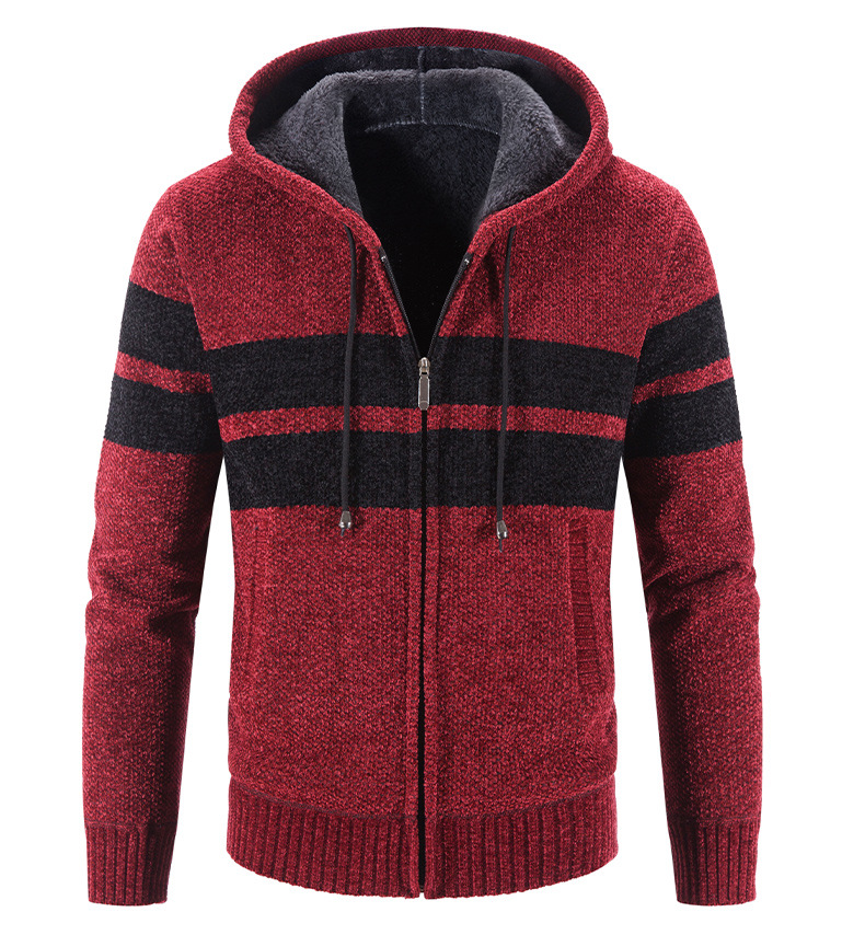 Hooded Striped Color-blocking Casual Plus Velvet Cardigan