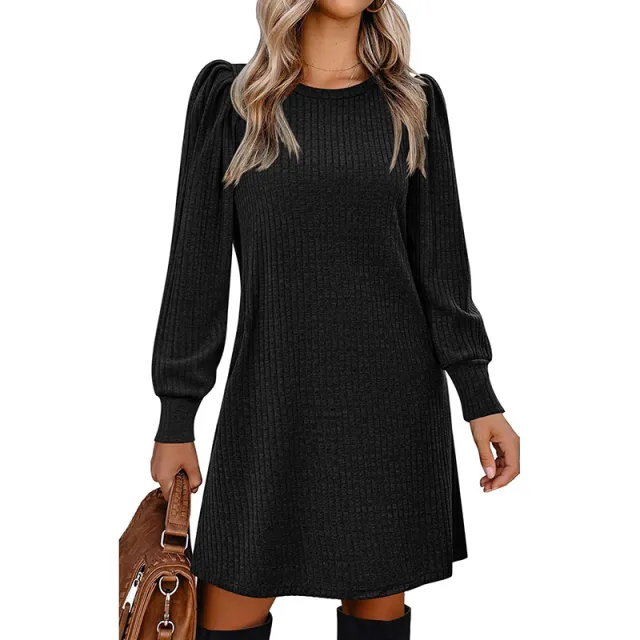 Women's Puff Sleeve Midi Dress Spring Fall Casual Long Sleeve Round Neck Dress Black - Shop at LoveMi