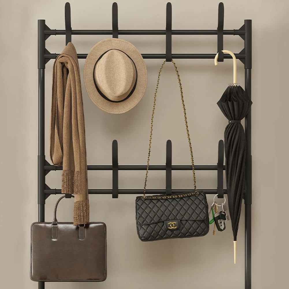 New Coat And Hat Stand 8 Hooks Metal Shoe Rack 5 Tiers Shelf Hanger Black 8